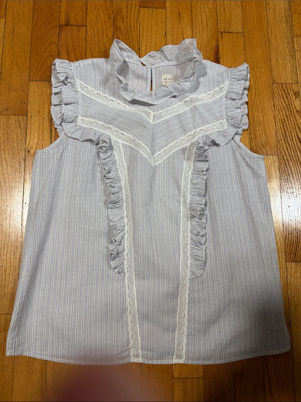 Ruffle Lace Trim Sleeveless Stripe Blouse in Light Blue ( 1181 )